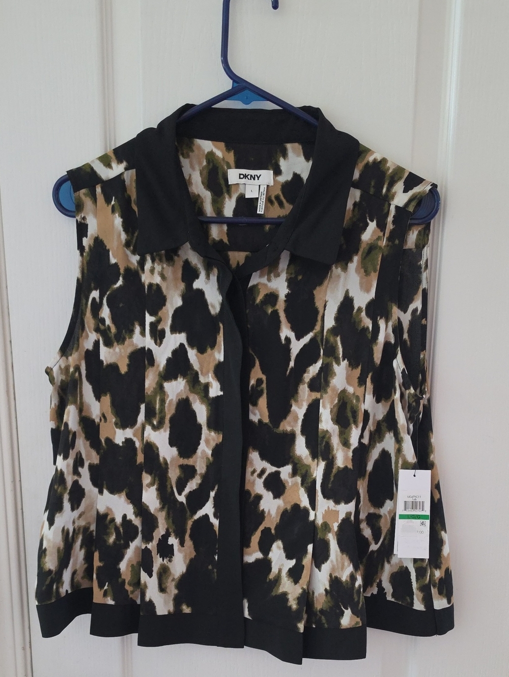 DKNY Sleeveless Collared Blouse in Black, Olive & Tan Leopard Print